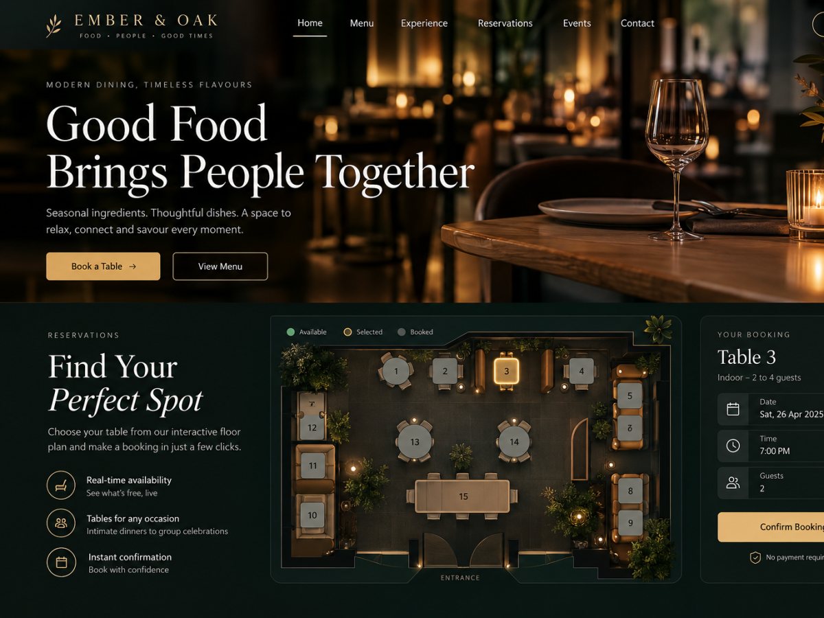 Website voor een restaurant met een interactieve tafelplattegrond en online reserveren