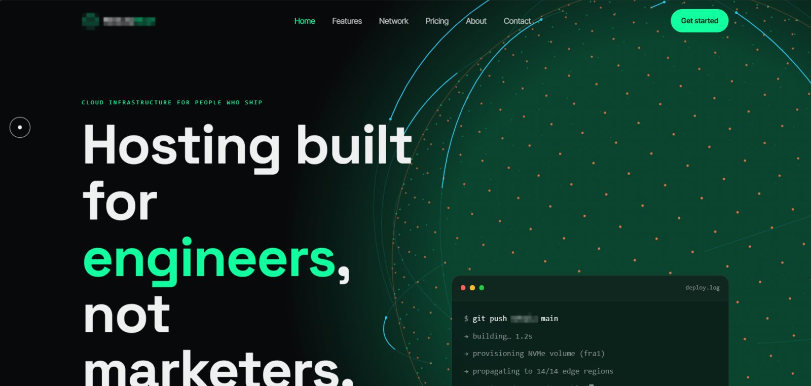 Homepage van een hostingplatform met de kop "Hosting built for engineers, not marketers" en een deploy-terminal; de merknaam is weggelaten