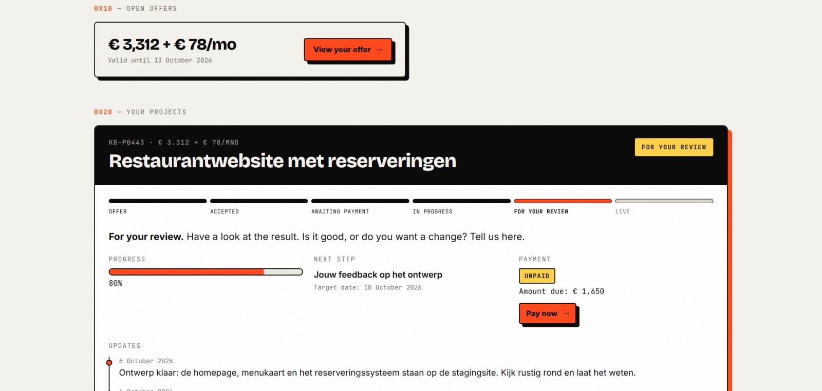 Het Kickbytes-klantportaal met een open offerte en een project met voortgang, betaling en updates