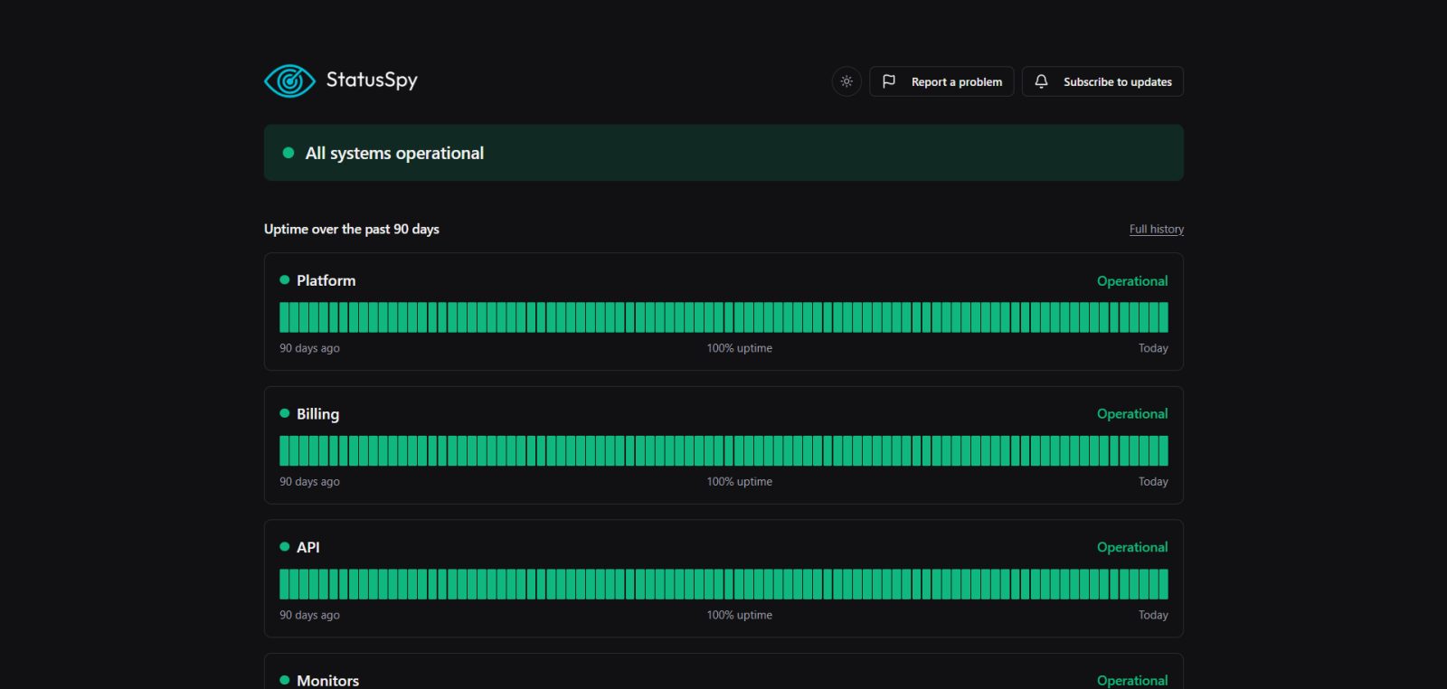 StatusSpy-statuspagina met uptime per onderdeel over de afgelopen 90 dagen